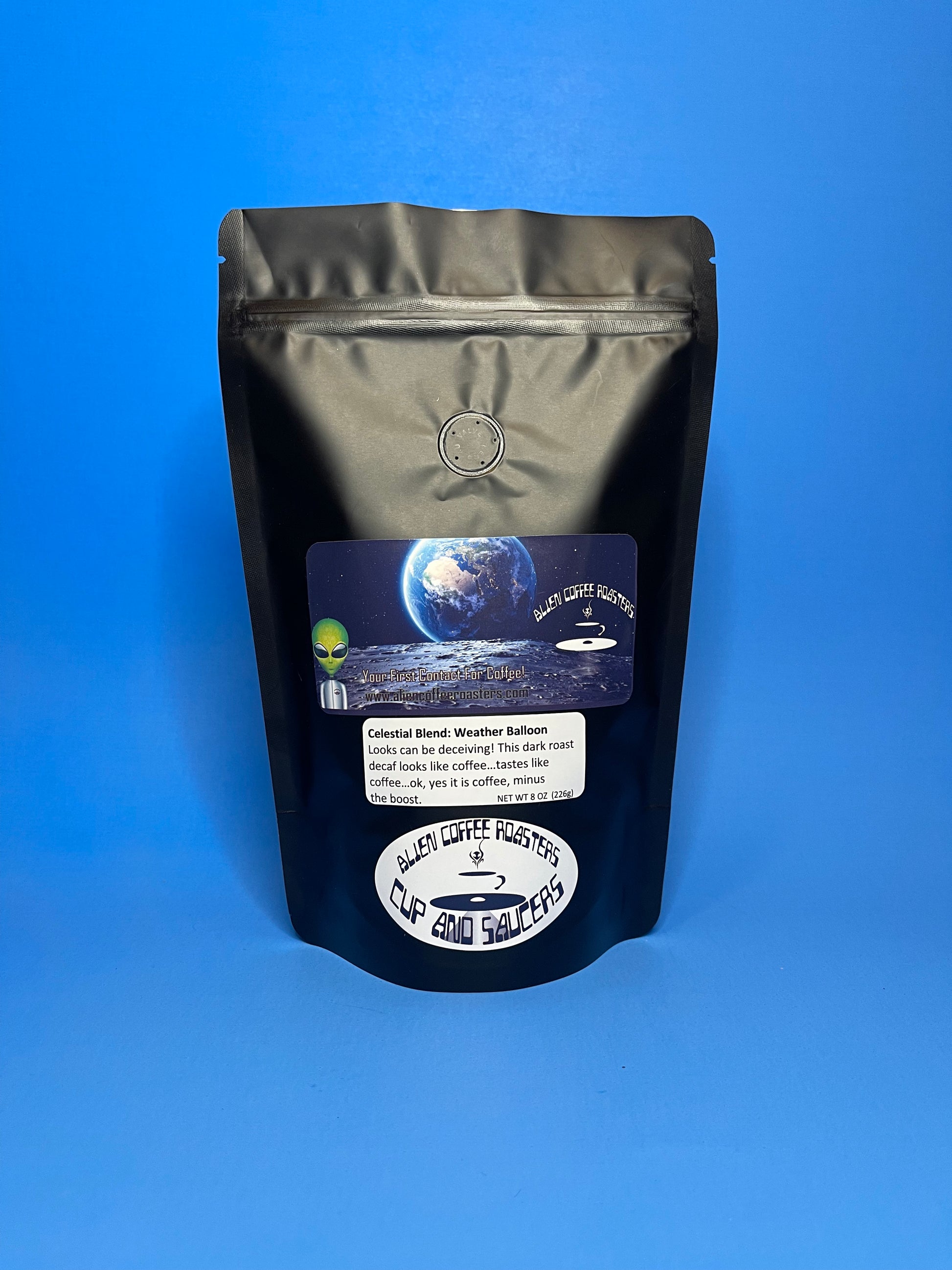 Dark roast decaf alien coffee bean blend